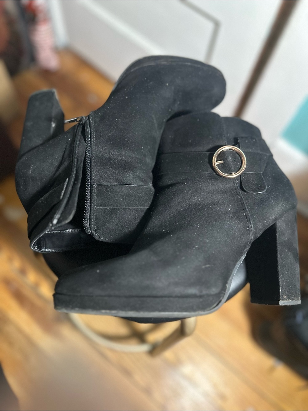 LC Lauren Conrad Black Suede Ankle Booties with Gold Ring Accent (Size 11W)
